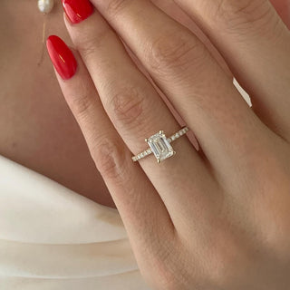 2.50 CT Emerald Cut Moissanite Pave & Hidden Halo Style Engagement Ring