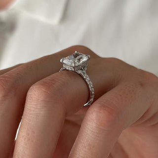 3.0 CT Elongated Cushion Cut Moissanite Pave & Hidden Halo Style Engagement Ring