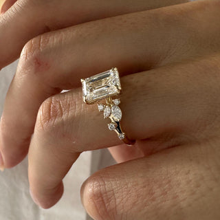 2.01 CT Emerald Cut Moissanite Cluster Style Engagement Ring