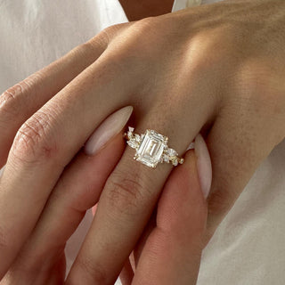 2.01 CT Emerald Cut Moissanite Cluster Style Engagement Ring