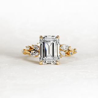 2.01 CT Emerald Cut Moissanite Cluster Style Engagement Ring