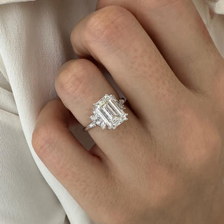 3.0 CT Emerald Cut Moissanite Cluster Style Engagement Ring
