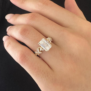 2.5 CT Emerald Cut Moissanite Cluster Style Engagement Ring