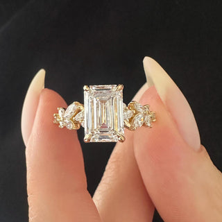 2.5 CT Emerald Cut Moissanite Cluster Style Engagement Ring