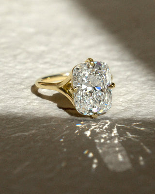 Elongated cushion cut lab grown diamond engagement ring with split shank in white gold