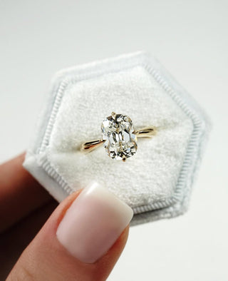 Elongated cushion cut lab grown diamond solitaire engagement ring in white gold setting