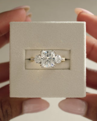 2.65–4.65 CT cushion cut lab created diamond engagement ring featuring three stones and a pave setting for elegant sparkle

