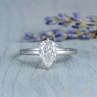 2.50CT Pear Moissanite Solitaire Engagement Ring With Hidden Halo Setting