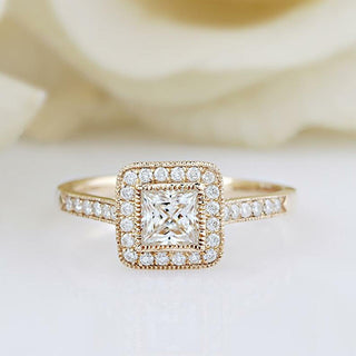 1.0CT Princess Cut Unique Halo Moissanite Diamond Engagement Ring