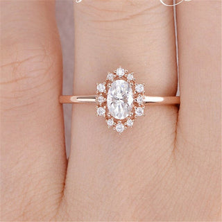 1.0CT Oval Cut Cluster Halo Style Moissanite Engagement Ring