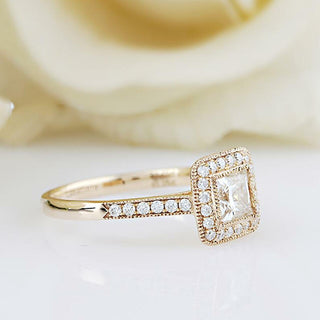 1.0CT Princess Cut Unique Halo Moissanite Diamond Engagement Ring