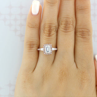 1.60ct Emerald Cut Moissanite Halo 4 Prong Engagement Ring
