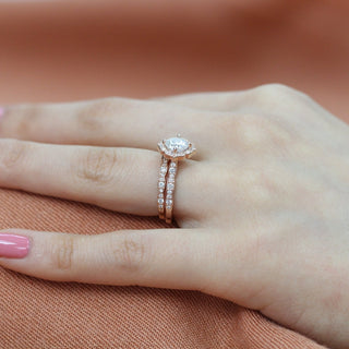 1.0CT Cushion Cut Moissanite Halo Bridal Engagement Ring Set