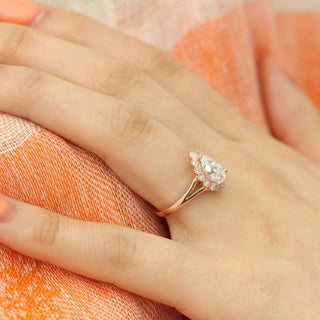 1.50CT Pear Cut Moissanite Halo Split Shank Style Engagement Ring