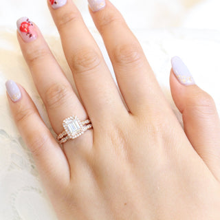 1.60CT Emerald Cut Moissanite Halo Bridal Engagement Ring Set