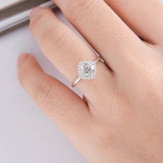 1.0CT Cushion Cut Halo Moissanite Diamond Engagement Ring