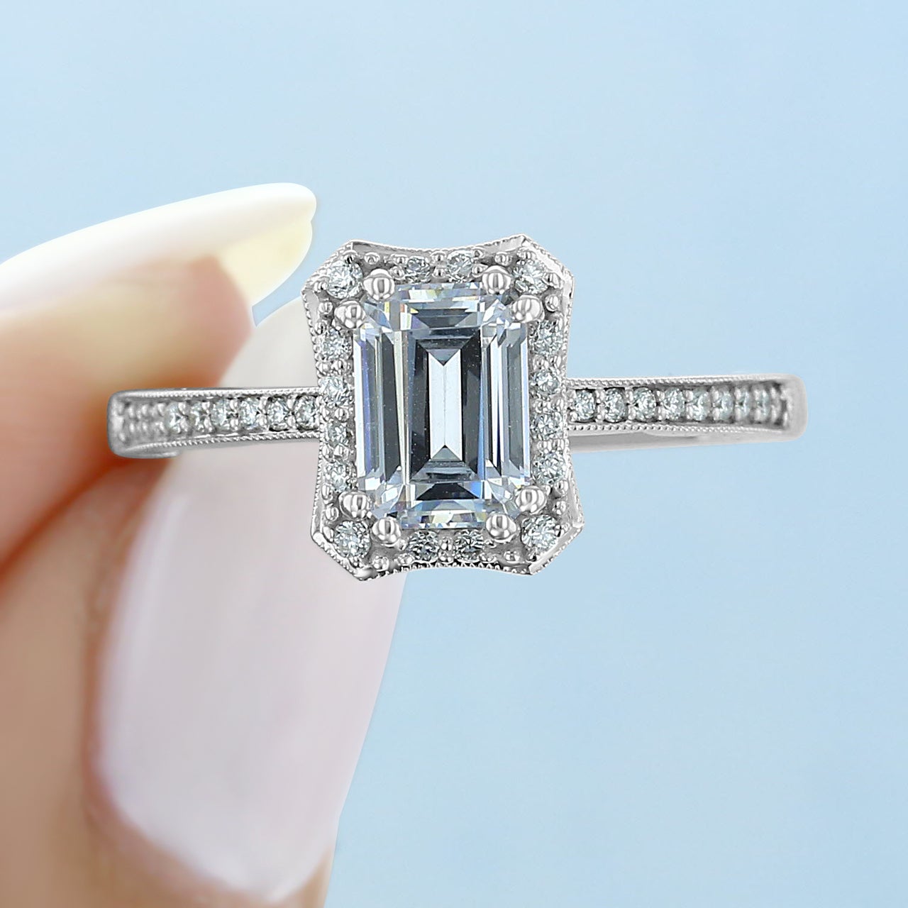 Emerald Cut Double Prong Setting Moissanite Engagement Ring