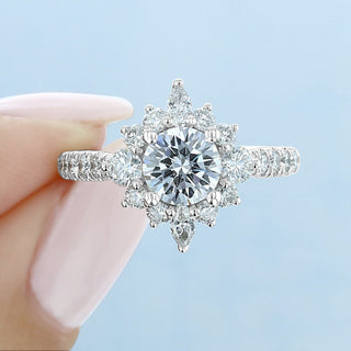 1.0ct Round Cut Cluster Halo Style Moissanite Engagement Ring