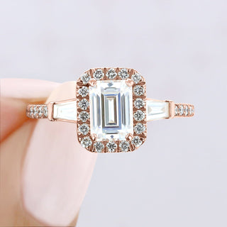 1.60ct Emerald Cut Moissanite Halo 4 Prong Engagement Ring