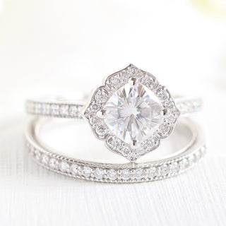 1.0CT Floral Cushion Cut Moissanite Halo Bridal Engagement Ring Set