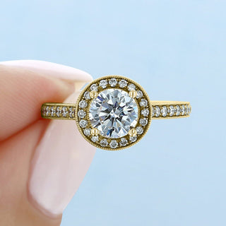 1.0CT Round Cut Halo Moissanite Engagement Ring in 18K Yellow Gold