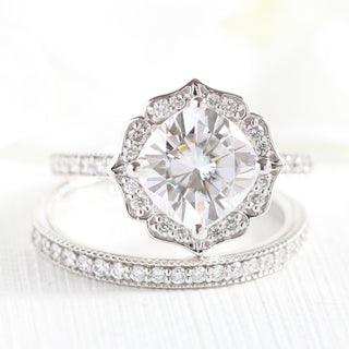 2.30CT Vintage Floral Cushion Cut Moissanite Halo Bridal Engagement Ring Set