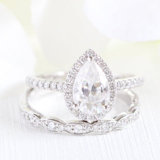 1.50CT Pear Cut Solitaire Moissanite Halo Bridal Engagement Ring Set