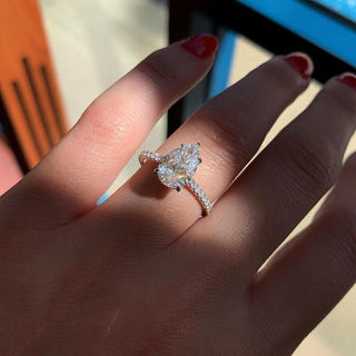 1.50CT Pear Cut Hidden Halo 5 Prongs Moissanite Halo Engagement Ring