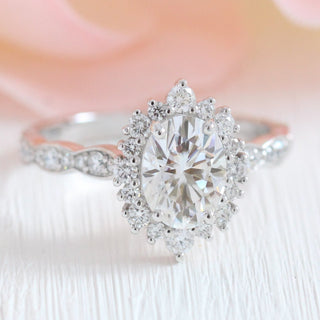 1.50CT Oval Cut Cluster Halo Style Moissanite Engagement Ring
