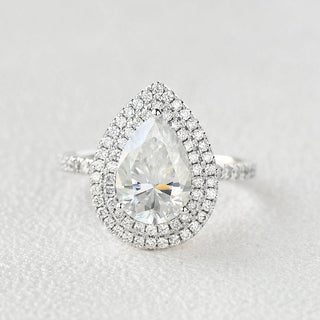 1.33 CT Pear Double Halo Pave Moissanite Engagement Ring