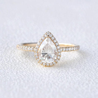 1.25 CT Pear Halo Pave Moissanite Engagement Ring