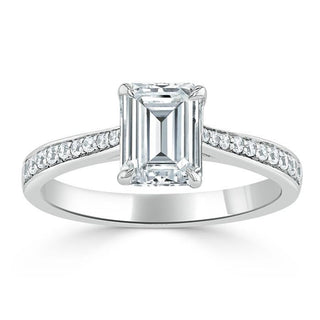1.0 CT Emerald Cut Solitaire Channel Pave Moissanite Engagement Ring