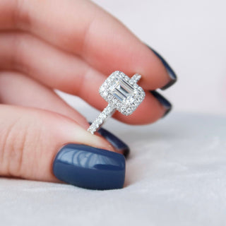 1.0CT Emerald Cut Unique Halo Moissanite Engagement Ring