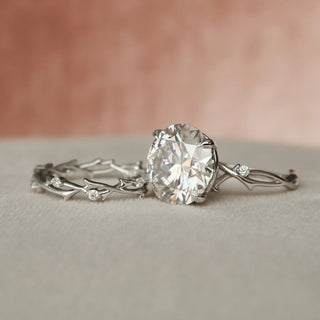 5.0CT Round Cut Moissanite Twig Halo Bridal Engagement Ring Set