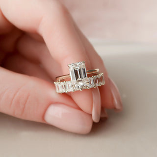2.0CT Emerald Cut Moissanite Solitaire Hidden Halo Bridal Engagement Ring Set