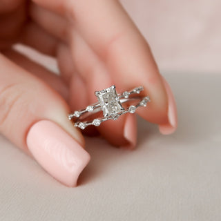 1.0CT Radiant Cut Moissanite Halo Bridal Engagement Ring Set