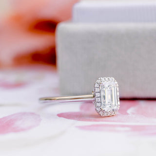 1.0CT Emerald Cut Moissanite Halo Style Engagement Ring