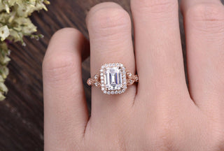 1.0 CT Emerald Halo Moissanite Engagement Ring